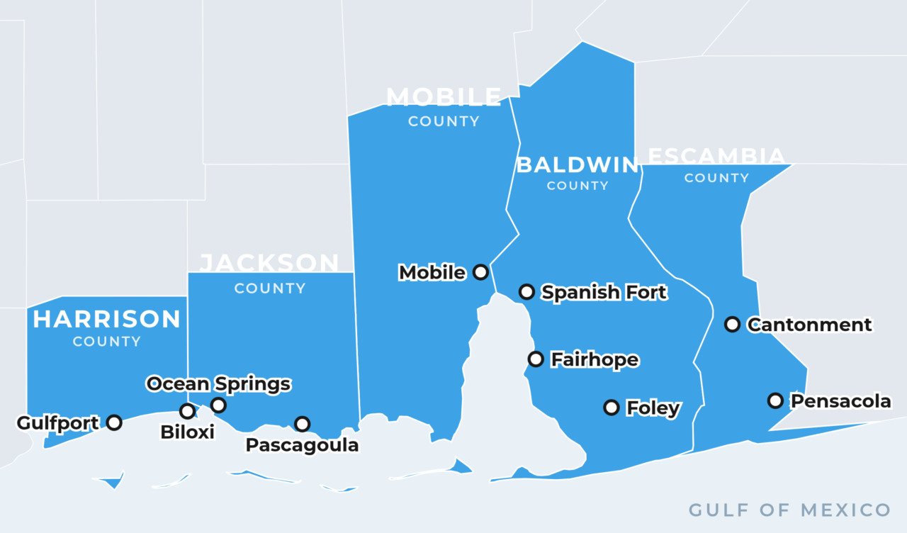 Map of the Polar Pod service area covering Mobile and Baldwin counties in Alabama, Jackson and Harrison counties in Mississippi, and Escambia county in Florida